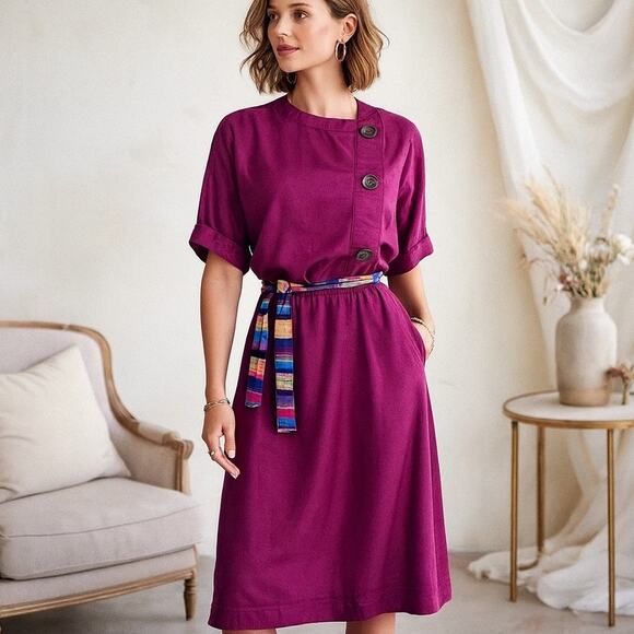 Vintage 80s Fuchsia Purple Secretary Midi Work Dress Lightweight M - Picture 1 of 8